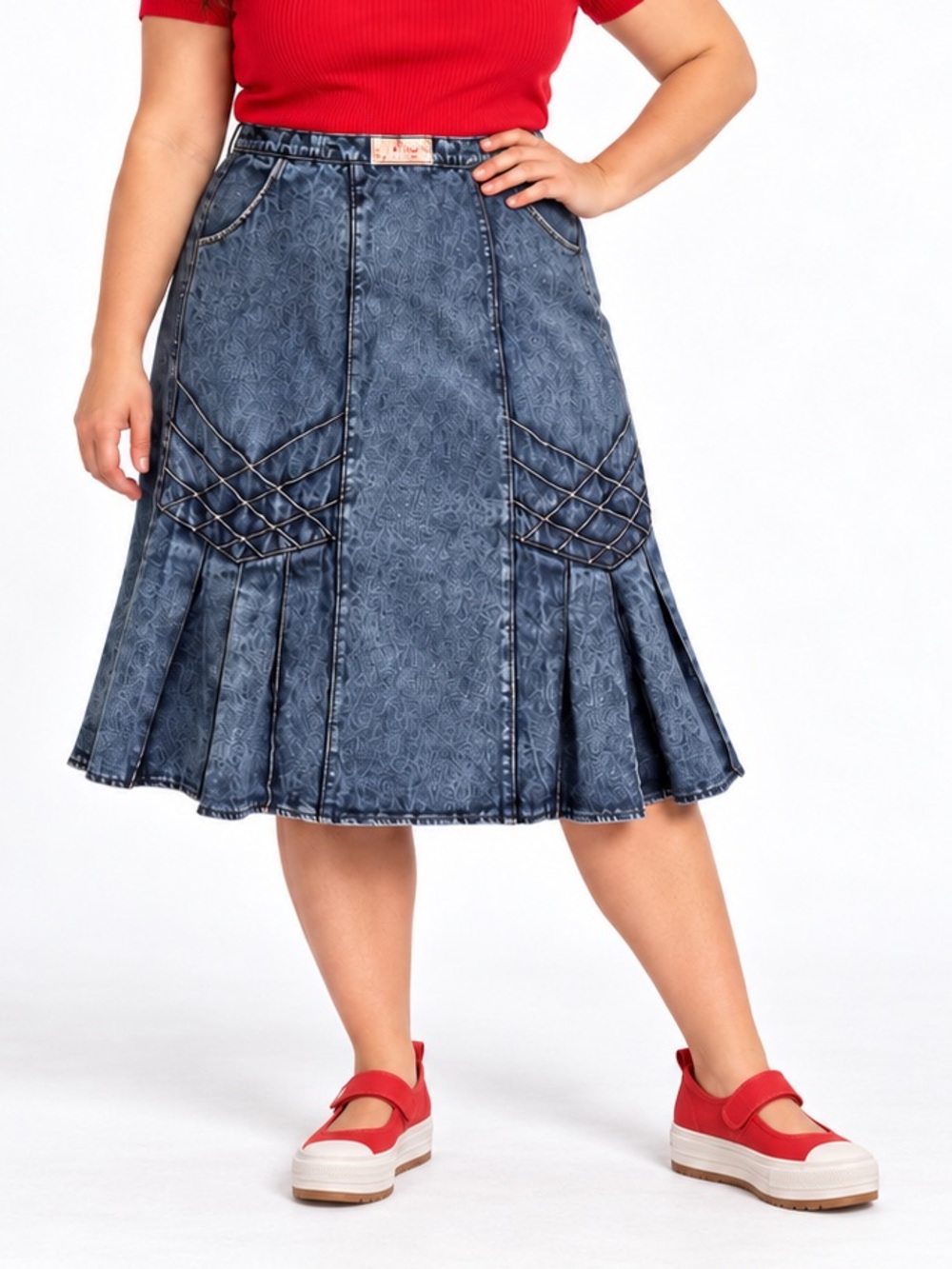 Vintage Dixan Acid Wash Denim Pleated Midi Skirt XL/2X